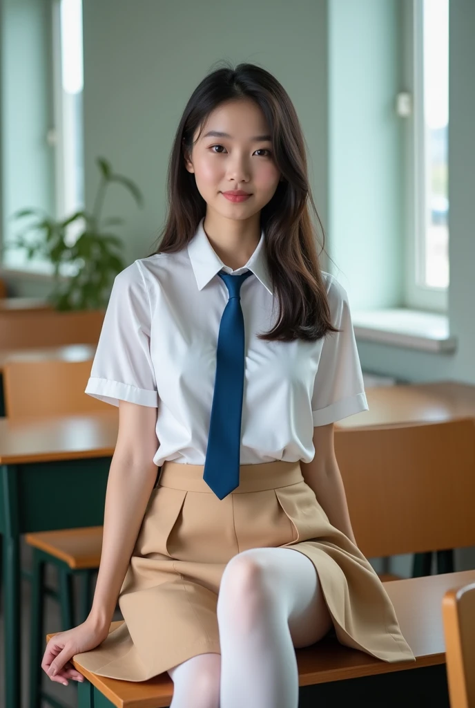 beautiful college girl in white shirt, light brown skirt, blue tie and white stockings sitting on a bench in classroom. she is looking ar me and her hand is on her skirt lifiting it up. high quality image