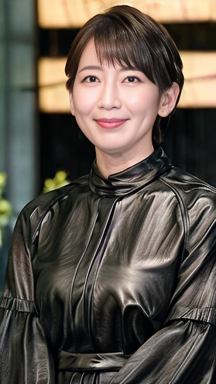 最high quality, 8k, Vibrant, Sharp focus, high quality, High resolution, 40 years old, (Whole Body Ezbian), (High heels face detail, Highly detailed eyes, ((big 1.6))、(((Large Breasts)))、((Black leather clothing))、((Bob Cut Shorthair))、((Roppongi cityscape))、((spring))、