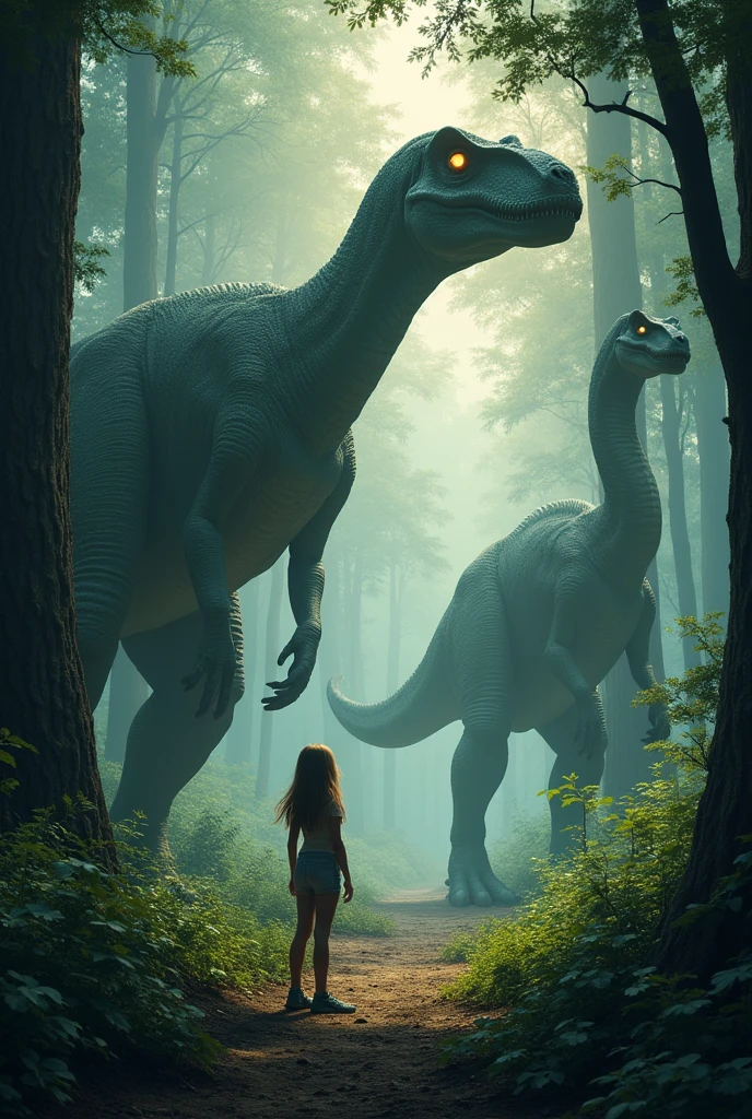 In a deep, ancient forest, where towering trees reach up to the sky and shadows dance among the foliage, a  stands alone, dwarfed by her surroundings. The forest is alive with the presence of massive dinosaurs, their eyes glowing in the dim light. In the midst of these giants, a small, gentle dinosaur with soft eyes and a friendly demeanor approaches the girl. Together, they navigate the mysterious forest, the dinosaur protecting the girl from the looming, more dangerous creatures. The scene captures a blend of adventure, fear, and unexpected friendship in a world where the past and present collide.in cinematic style