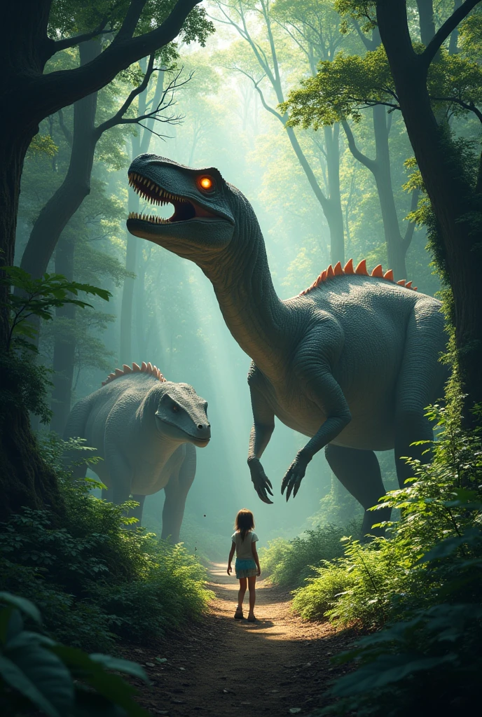 In a deep, ancient forest, where towering trees reach up to the sky and shadows dance among the foliage, a stands alone, dwarfed by her surroundings. The forest is alive with the presence of massive dinosaurs, their eyes glowing in the dim light. In the midst of these giants, a small, gentle dinosaur with soft eyes and a friendly demeanor approaches the girl. Together, they navigate the mysterious forest, the dinosaur protecting the girl from the looming, more dangerous creatures. The scene captures a blend of adventure, fear, and unexpected friendship in a world where the past and present collide.in cinematic style
