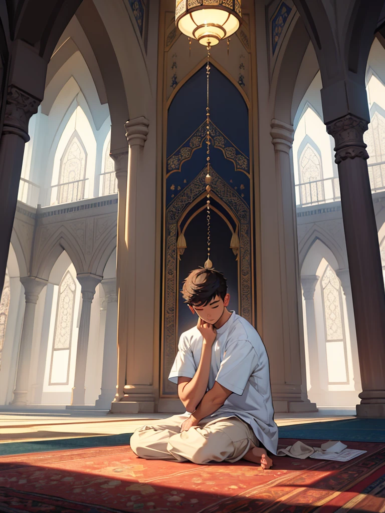 a young man sleeping in a sitting position in a mosque wearing a moeslim shirt