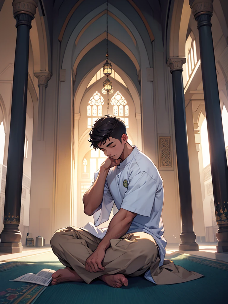 a young man sleeping in a sitting position in a mosque wearing a moeslim shirt
