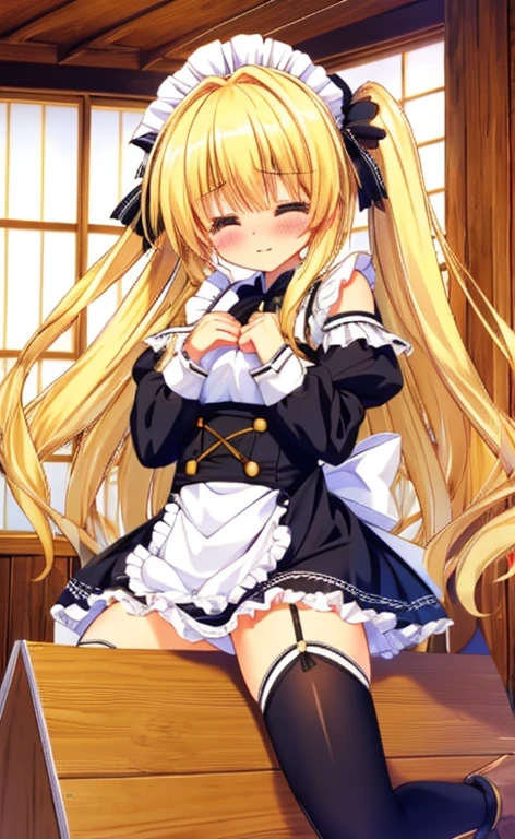 Beautiful long blonde hair　Girl in black maid outfit　Long sleeve　Spread your legs　Shyness　　Watery eye　Tears overflow from my eyes　　Wooden Horse　Hands Behind Back