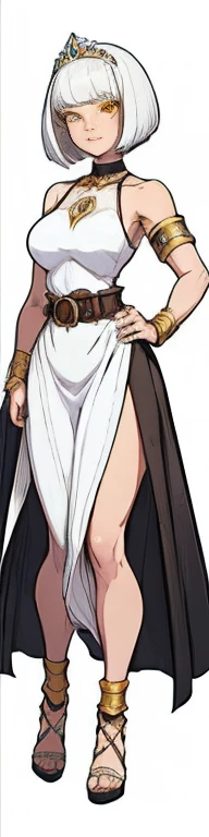 (White background:1.2) body looking to viewer symmetrical body left to right side, big knockers, yellow bright eyes, and a white bob haircut. She is standing solo, full body, with hands on hips, feet together, viewed from below. Features a leather choker, big belt, bracers and a tiara.