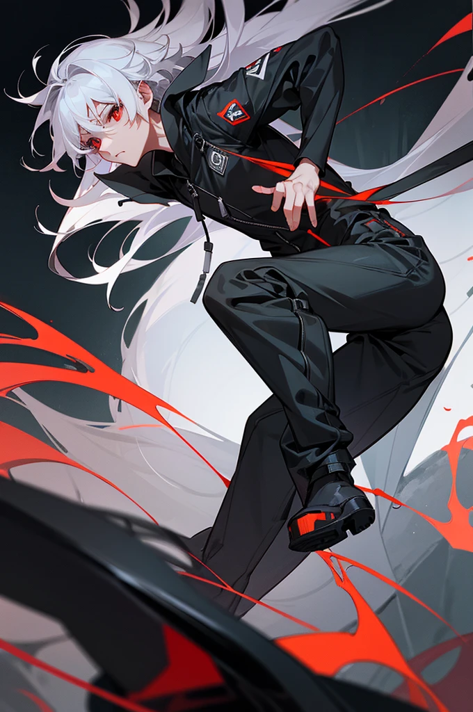 male, adult, White Hair, Red eyes, Black and gray jumpsuit, SOS Logo, Night vision goggles, Perfect quality.