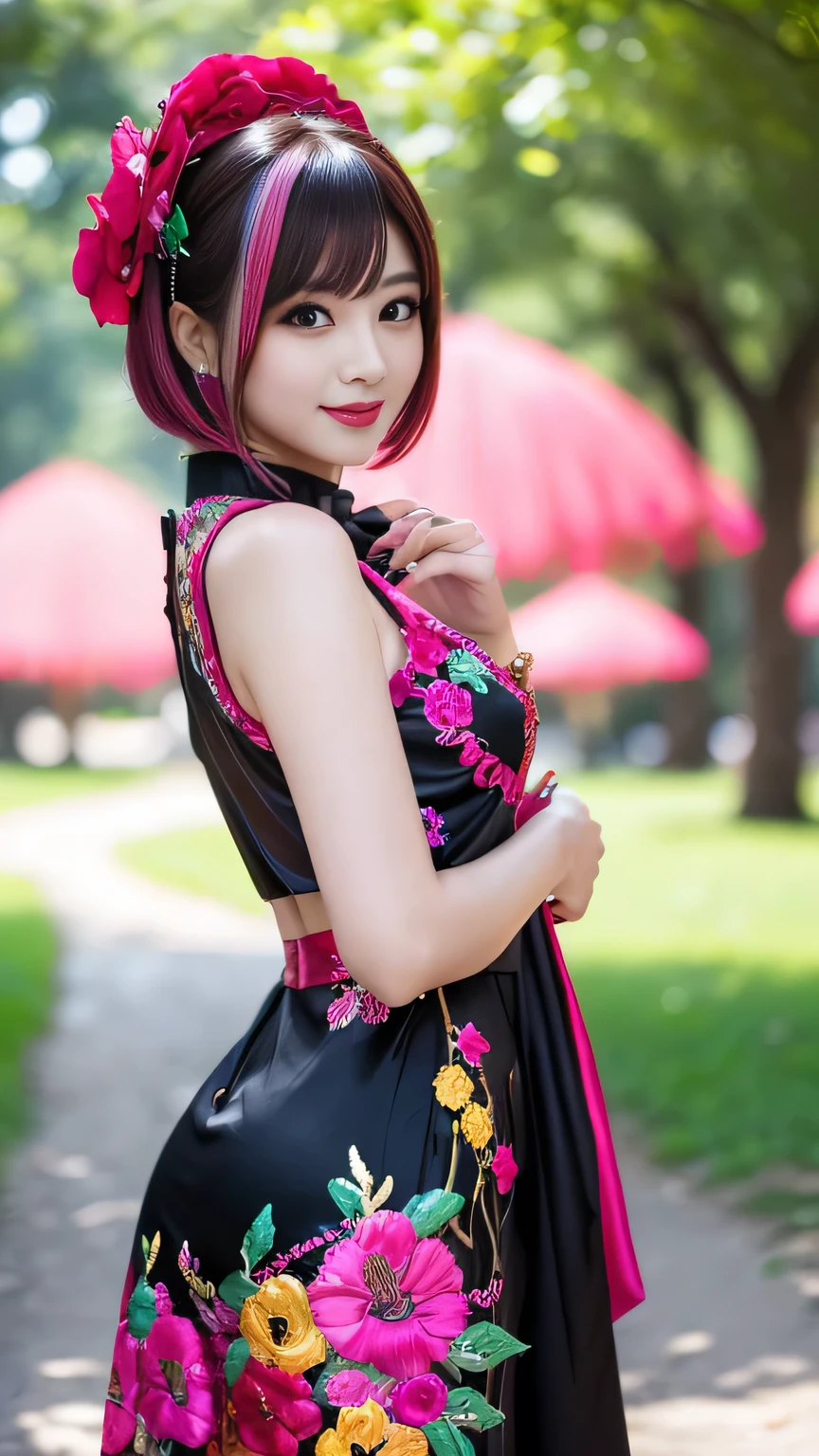 (masterpiece:1.4), (Highest quality:1.4), 超High resolution, 超High resolutionolution, ((Detailed facial features)), High resolution, (Realistic, photoRealistic, photo-Realistic:1.37), Whole Body Ezbian, Sexy Vietnamese Model, (-anime), Vibrant colors, ((Vibrant colors multicolor (red, fuchsia) Very short hair)), (Smile), Lip gloss, Long eyelashes, Metallic Makeup, Well-defined eyebrows, Wearing large, sparkling, colorful jewels, wearing a red silk Paradise Kiss cosplay dress with black floral embroidery, ((Vibrant colors outfit)), Vibrant colors, Looking at the camera, Cinematic Light, wood々Background of a large park with, Sweet and sexy pose