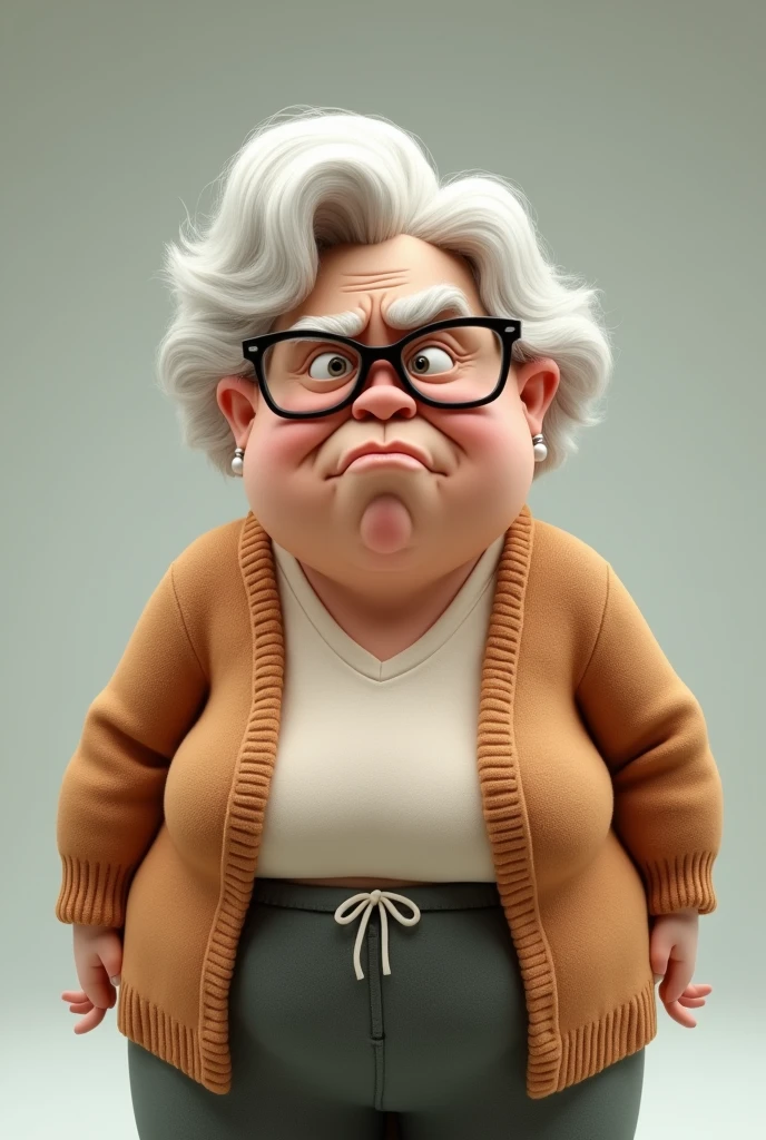 Make 3d cartoon An old woman a little fatty in a plain shirt and brown sweater use eye glasses with a very upsetting face and an angry face