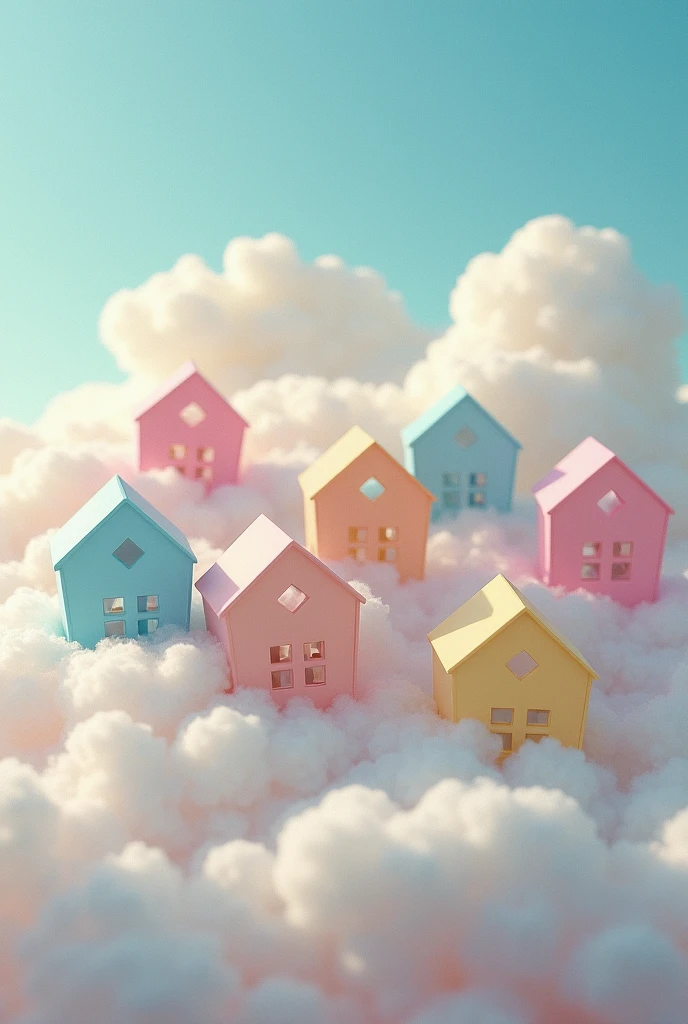 houses, pastel colors, cotton clouds in heaven, surreal atmosphere, raw photo, 35mm