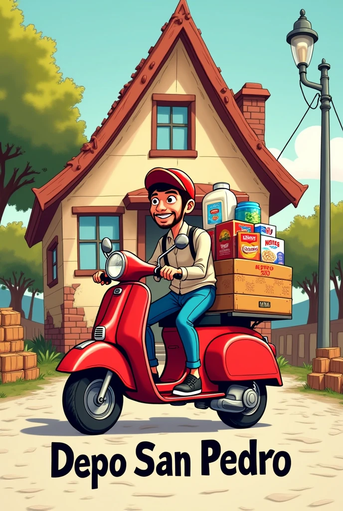 2d drawing Red delivery motorcycle with groceries and milk, cereal and bottled drinks, Behind her a house with a triangular roof and below the letters Depo San Pedro