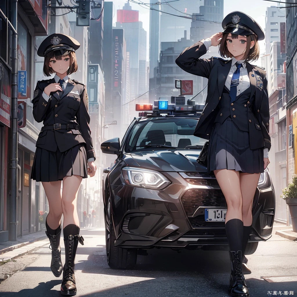highest quality、masterpiece、8k、realistic、ultra high resolution、very delicate and beautiful、HDR、cinematic lighting、medium range shot、portrait、perfect female body、Beautiful woman、mature woman、Put your hands on your head、Stand and look at the viewer:1.8、medium breasts、cityscape、(short bob:1.6、brown hair)、((policewoman:1.4、uniform、limited cap、Uniform button、tie、uniform jacket))、Police Vehicles、Baton、handcuffs、wireless、Vest、leather shoes、name tag、Uniform patch、防弾Vest、police badge、skirt、boots、gun、police badge、epaulettes、uniform skirt