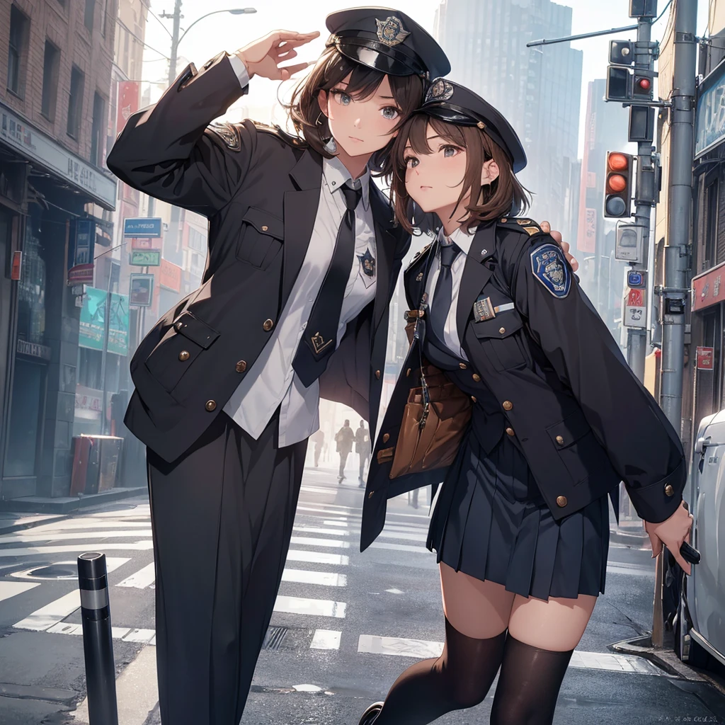 highest quality、masterpiece、8k、realistic、ultra high resolution、very delicate and beautiful、HDR、cinematic lighting、medium range shot、portrait、perfect female body、Beautiful woman、mature woman、Put your hands on your head、Stand and look at the viewer:1.8、medium breasts、cityscape、(short bob:1.6、brown hair)、((policewoman:1.4、uniform、limited cap、Uniform button、tie、uniform jacket))、Police Vehicles、Baton、handcuffs、wireless、Vest、leather shoes、name tag、Uniform patch、防弾Vest、police badge、skirt、boots、gun、police badge、epaulettes、uniform skirt