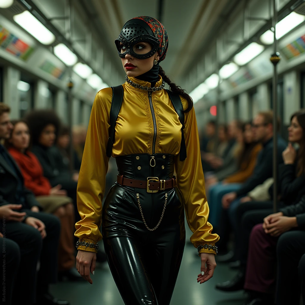 full body shot of a petting non-binary androgynous transvestite crossdressing queer transgender male shemale who is dancing with lifted arms and visible armpits with hair in Berlin subway, clothing with nubs and buffers, corset, apron, vested smock, pleated cuffs, perforated eyemask, holed hijab slick, transparent slick gloves, flowery holed latex rococo green teal mask, high-gloss perforated satin leggings, latex diaper, silky leather shorts, liquid-lacquered pantyhose leggings, shiny bandana, belted mouth black glossy mask, shiny skirt leggings covered, high gloss legging trouser skirt pockets, knob-front, button placket, jezebel high-collar wearing multi-layered high gloss clothing perforated, fluffy eyebrows insanely thick, ballerina glamour, ((beautiful perverted, sensual romper)), holed latex trouser, brown wide belt, printed rose hips, bow style glossy flowered headscarf fully covered, silky romper, flowery khimar satin floral hijab veils blouse tunic, very long sleeved latex clothing, floral mouth purple brown mask, shiny flowery satin gothic latex orange red mask with knobs, wearing teal yellow mustard colored holed perforated layered shiny vest-blouse from top to bottom with knee length shiny boots and a floral latex leggings over the pleated romper with shiny long tunic-blouse and pockets, tripple belt brown purple, floral satin high collared long sleeve blouse with buttons and knobs, high-necked liquid-lacquered high collared long leg romper, glossy-satin coat, ((floral sunglasses)), very high collared blouse made of satin and PU faux glossy-satin with shiny floral face golden pink mask and pockets, so much floral satin high collared romper with button placket, long open button-front blouse hanging, satin high collar, satin gloves, plissee pleated glossy longskirt with knobs, slick long trousers, buttoned slick skirt, pockets, knobs, a lot of bows, flowery satin khimar knobbed, floral latex and glossy-satin khimar long buttoned, (sunglasses), eye cover, 