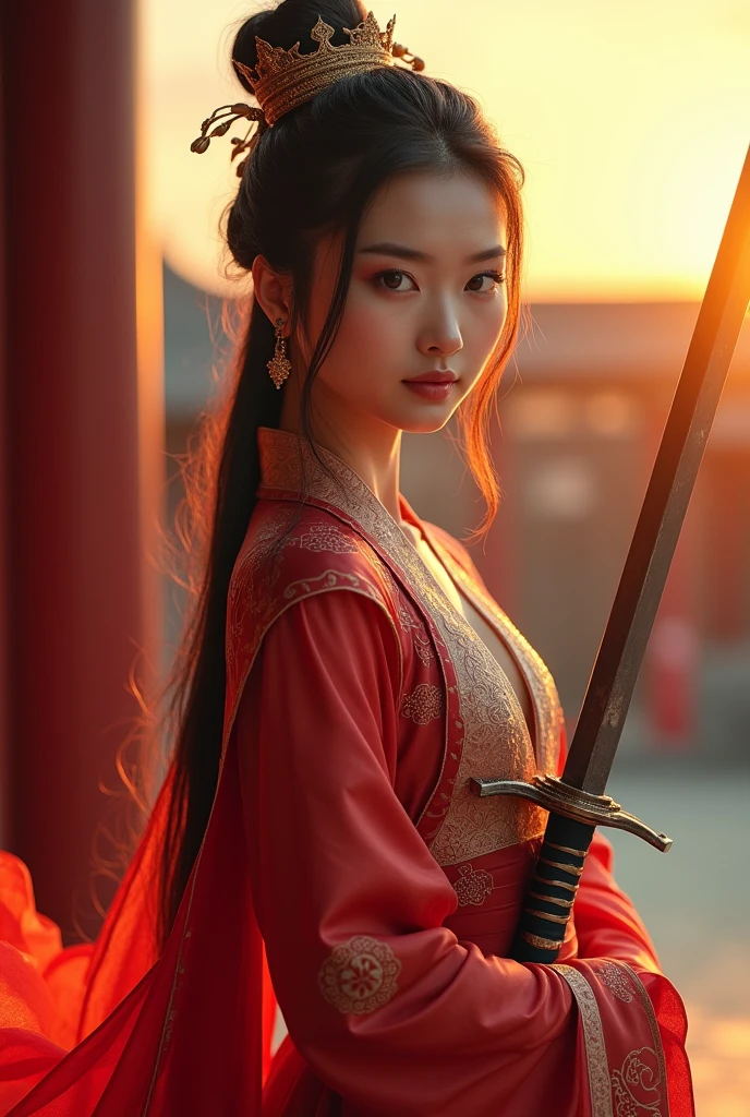 best quality, 8k, very delicate and beautiful, highly detailed face and skin texture, shiny skin, high resolution, beautiful chinese female swordsman wearing chinese traditional costume with sword at chinese temple at sunset, full body, sharp focus
