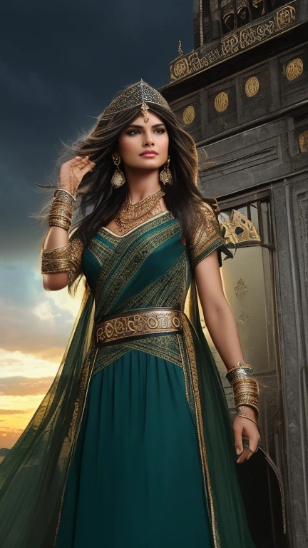 Visualize Razia Sultana, a determined and fierce woman, standing at the gates of a grand fortress. A stormy sky above her mirrors the turmoil in her life as she faces challenges and obstacles on her path to rule the Islamic empire in India. Lightning flashes, emphasizing the turbulent nature of her ascent.