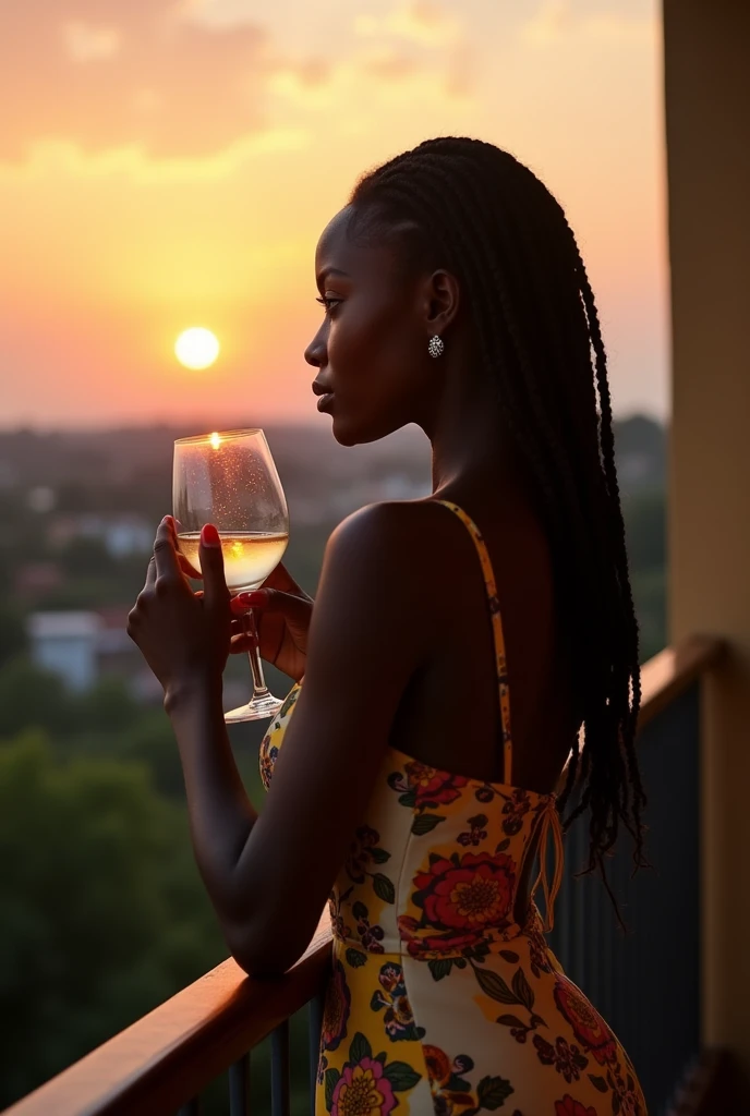 Nigerian beautiful lady sipping wine at the balcony early morning 