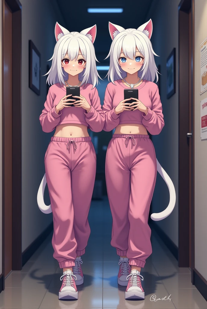 two white cats walk down the hallway dressed in pink, breasts, multiple girls, shirt, navel, holding, 2girls, animal ears, jewelry, white shirt, short sleeves, shoes, midriff, pants, artist name, cat ears, necklace, bracelet, crop top, night, phone, cat, cellphone, t-shirt, sneakers, furry, walking, holding phone, pink shirt, furry female, whiskers, pink pants, sweatpants