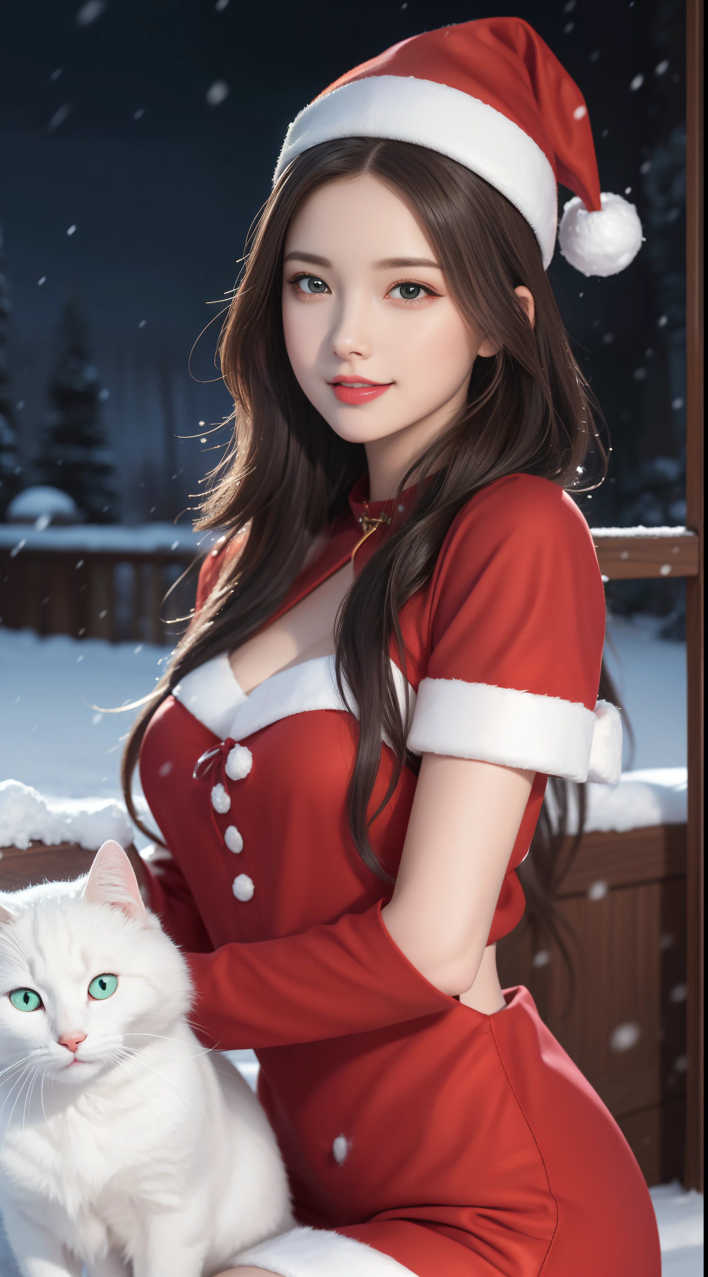 (Aesthetic, High Resolution: 1.2), full-body portrait of a beautiful 20-year-old woman wearing an intricately detailed red boby Santa Claus costume, symmetrical costume structure, bright clear eyes, happy smile, changing hairstyle, falling snow, snow in hair. Professional photographer, minimalism, conceptual art, intricate detail, 8k post-production, High Definition, Ultra Detail, trending on ArtStation, sharp focus, artistic dark studio photos, details Intricate details, Highly detailed, By Greg Rutkowski, professional light and dark art, Vibrant colors. Outdoor winter scene with snow in the evening, A slight smile, True art, many hairstyles and color changes, Passionate mood, Seductive expressions, Sexy lips, Wet lips, Eyes seductive aim, seductive appearance, seductive posture. 3D vector art、caliber cat、Cat in Santa hat、Cat with bell collar、cute christmas gift, cat fur、Surreal quality, Cute and quirky, Fantasy art, Brand Watercolor effect, girl hugging a cat.