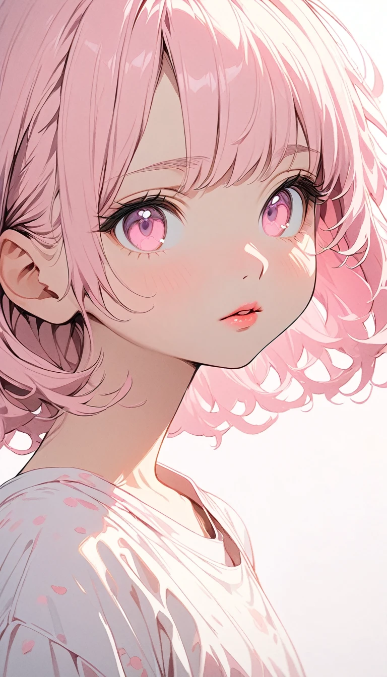 (masterpiece),(best quality:1.1),(very detailed),best illustration,in detail,(portrait:1.1),(Intense close-ups), girl,alone,,slim,(Really delicate and beautiful face),(Beautiful pink eyes),pink thick lips,(Wearing a baggy t-shirt),Soft and lazy,(simple background:1.2)Overall color background,obvious,4K