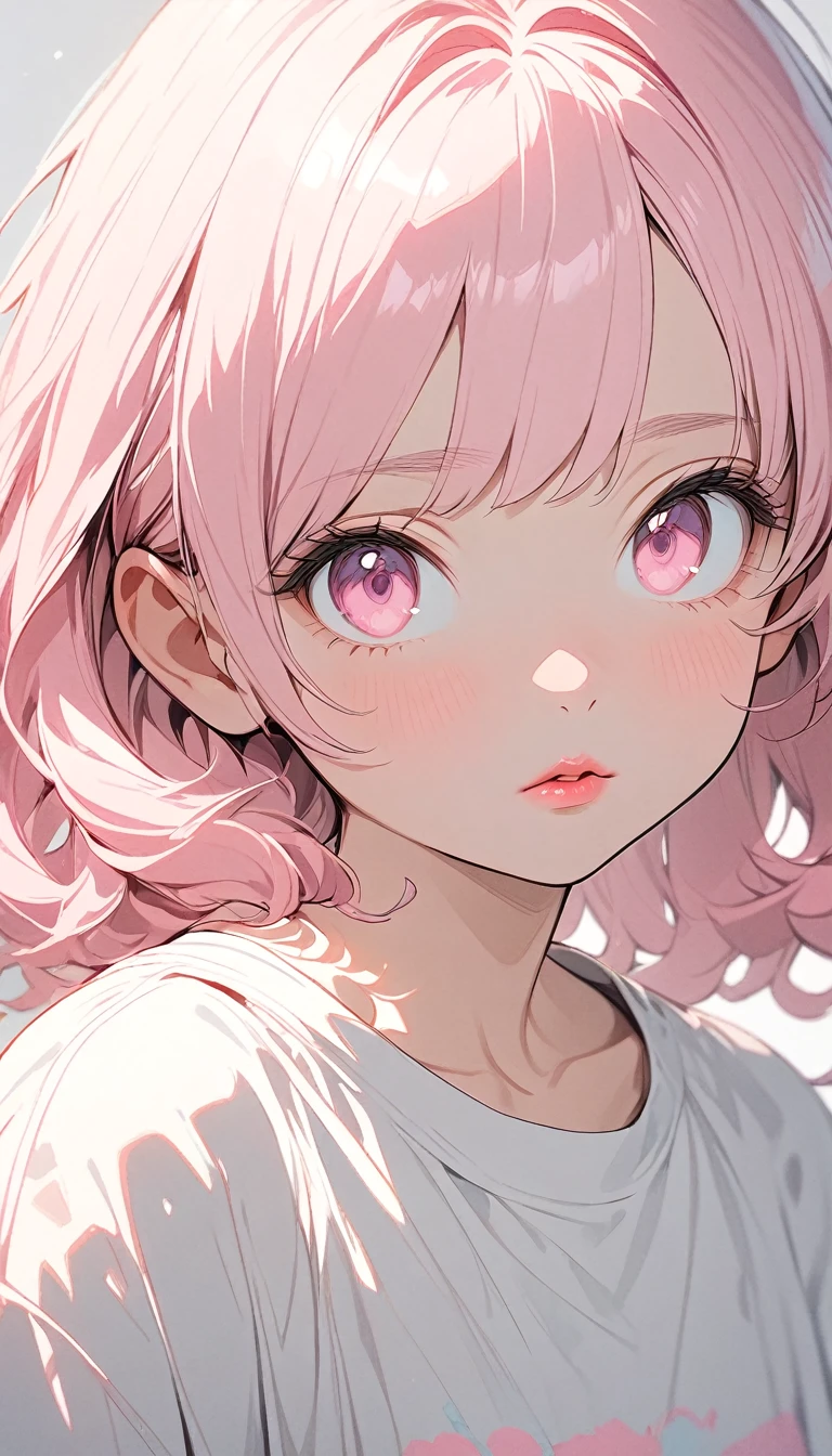 (masterpiece),(best quality:1.1),(very detailed),best illustration,in detail,(portrait:1.1),(Intense close-ups), girl,alone,,slim,(Really delicate and beautiful face),(Beautiful pink eyes),pink thick lips,(Wearing a baggy t-shirt),Soft and lazy,(simple background:1.2)Overall color background,obvious,4K