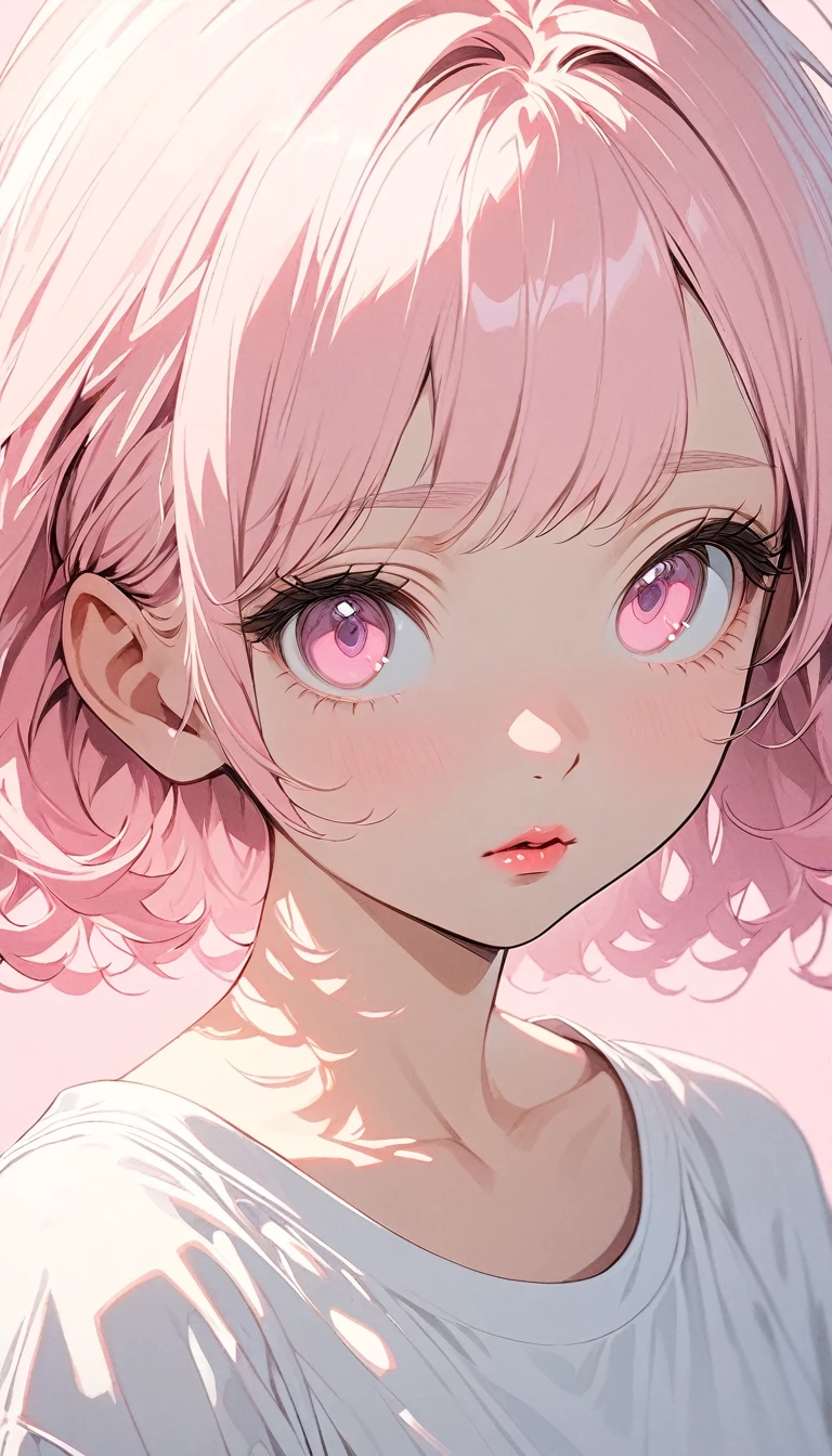 (masterpiece),(best quality:1.1),(very detailed),best illustration,in detail,(portrait:1.1),(Intense close-ups), girl,alone,,slim,(Really delicate and beautiful face),(Beautiful pink eyes),pink thick lips,(Wearing a baggy t-shirt),Soft and lazy,(simple background:1.2)Overall color background,obvious,4K