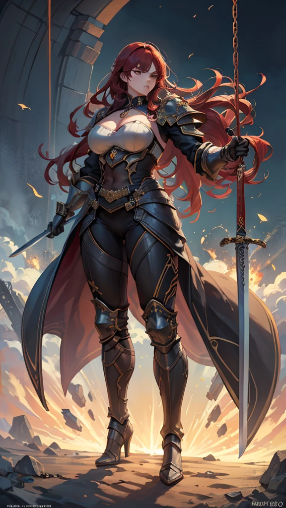 (masterpiece, 4K ,Super detailed:1.2), (anime:1), (Perfect quality), (((Adult body))), ((Swinging a big sword, Combat Ready)), The whole body is shown, Looking at the viewer, Big body, Commander of the army、Black Armor, Heavy equipment, A look of contempt, Red hair, brutal, violent