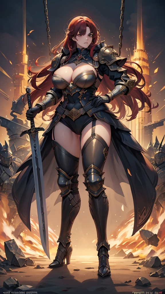 (masterpiece, 4K ,Super detailed:1.2), (anime:1), (Perfect quality), (((Adult body))), ((Swinging a big sword, Combat Ready)), The whole body is shown, Looking at the viewer, Big body, Commander of the army、Black Armor, Heavy equipment, A look of contempt, Red hair, brutal, violent