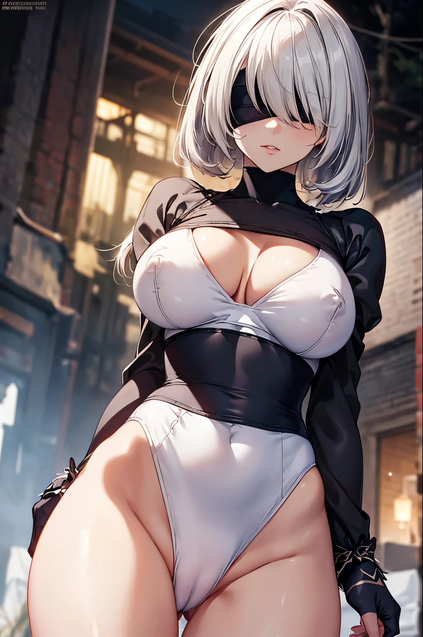 yorha no. 2 type b,black blindfold, blindfold,white leotard,underbust,(cameltoe:1.3),thighs,slender,large breasts, masterpiece,Noise Reduction,perfect anatomy,high resolution, ultra-detailed, ultra-detailed face,game cg,dutch angle ,beautiful detailed eyes,visualart,five fingers, perfect hands, perfect lighting, sparkling pupils,