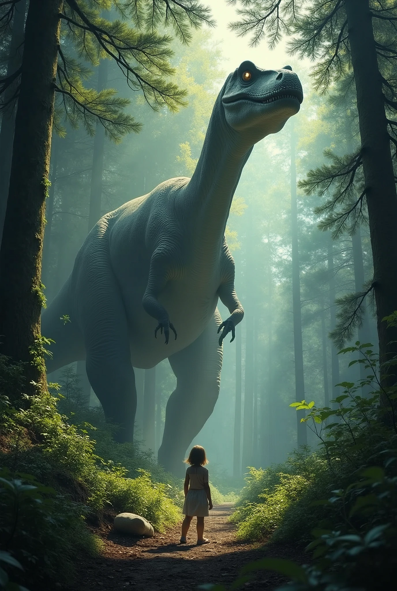 In a deep, ancient forest, where towering trees reach up to the sky and shadows dance among the foliage, a stands alone, dwarfed by her surroundings. The forest is alive with the presence of massive dinosaurs, their eyes glowing in the dim light. In the midst of these giants, a small, gentle dinosaur with soft eyes and a friendly demeanor approaches the girl. Together, they navigate the mysterious forest, the dinosaur protecting the girl from the looming, more dangerous creatures. The scene captures a blend of adventure, fear, and unexpected friendship in a world where the past and present collide.in cinematic style