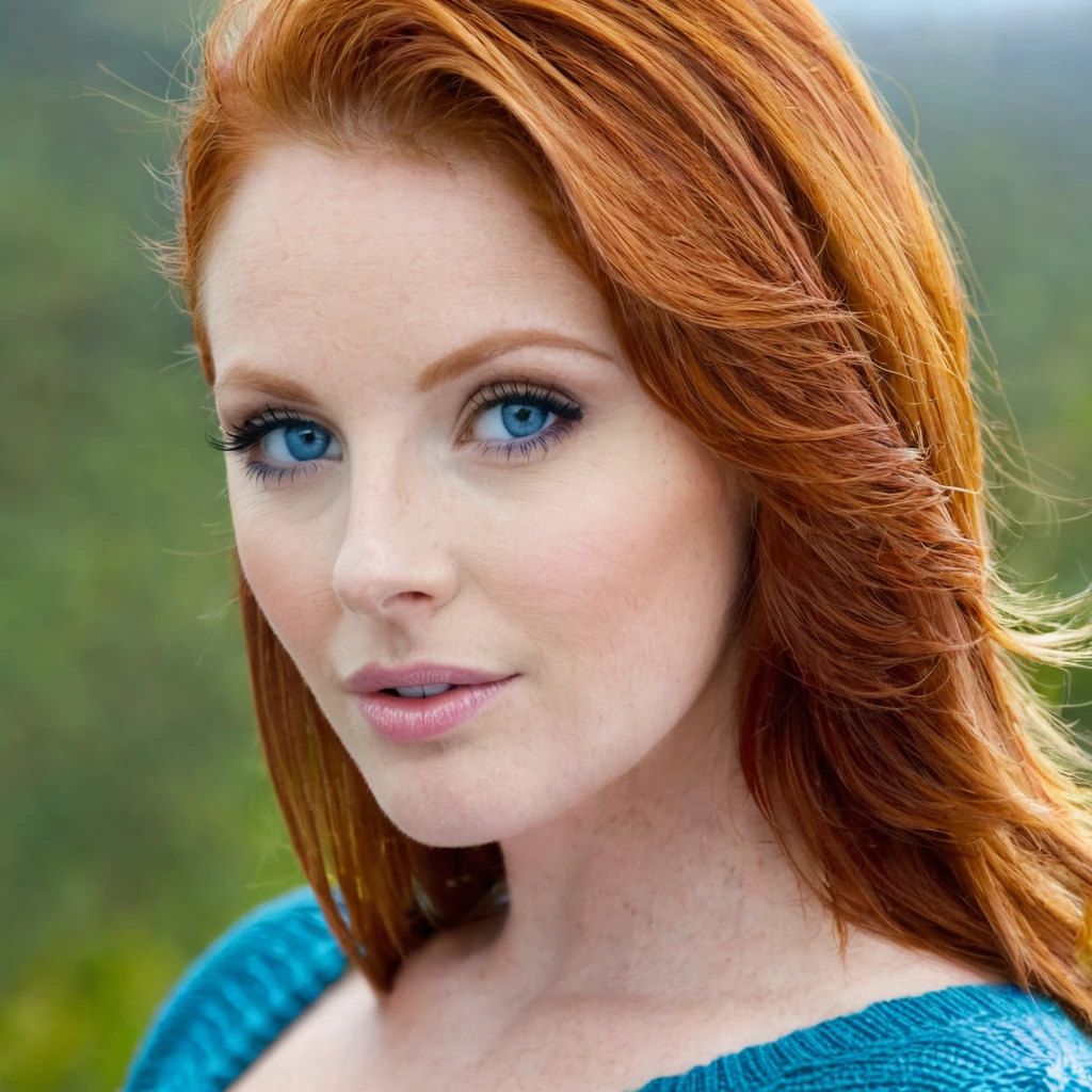 Woman, big breasts, redhead, blue eyes, transparent sweater, small chin, cum on face  