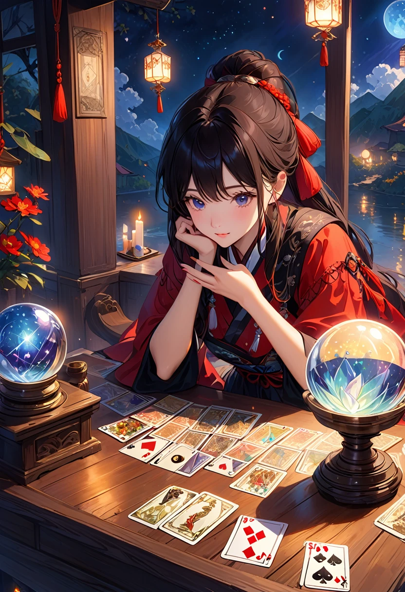 美しく神秘的なfortune teller，Compact and fun environment. ケープを羽織ったfortune teller, Delicate facial features. 

The scene is dim, Create an atmosphere of uncertainty and expectation. テーブルに座るfortune teller, Tarot Cardsで飾られた, Crystal Ball, Tarot Cards. The table is surrounded by candles, Creates a mysterious atmosphere. 

The lighting in the room was dim, casting seductive shadows，Enhance the mystical atmosphere. Tarot Cardsを持っているfortune teller, Observing Signs to Gain Insight into the Future. 

The overall artwork must be of the highest quality, 解像度は4KAlsoは8Kです. The level of detail must be extremely detailed and realistic, Almost photorealism. 

Artistic style should reflect official aesthetics, Bright colors，Strong contrast. The color tone is、The mystical and mystical theme of the artwork must be emphasized。. 

fortune teller&#39;The cape has an intricate pattern, Metal frame with thickness ratio of 1.5. Also, A decorative border of roses should be incorporated into the piece.. 

The scene must have a magical feel to it., Like a night sky full of stars. fortune teller&#39;Facial expressions should convey mystery and curiosity..