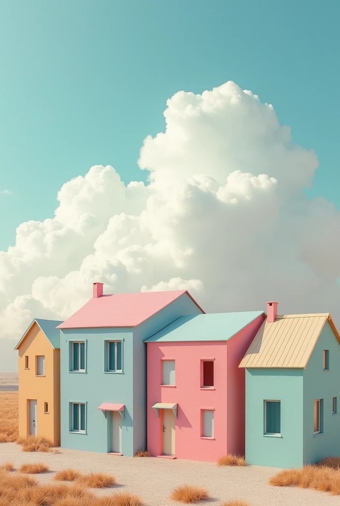 houses, pastel colors, cotton clouds above, surreal atmosphere, raw photo, 35mm