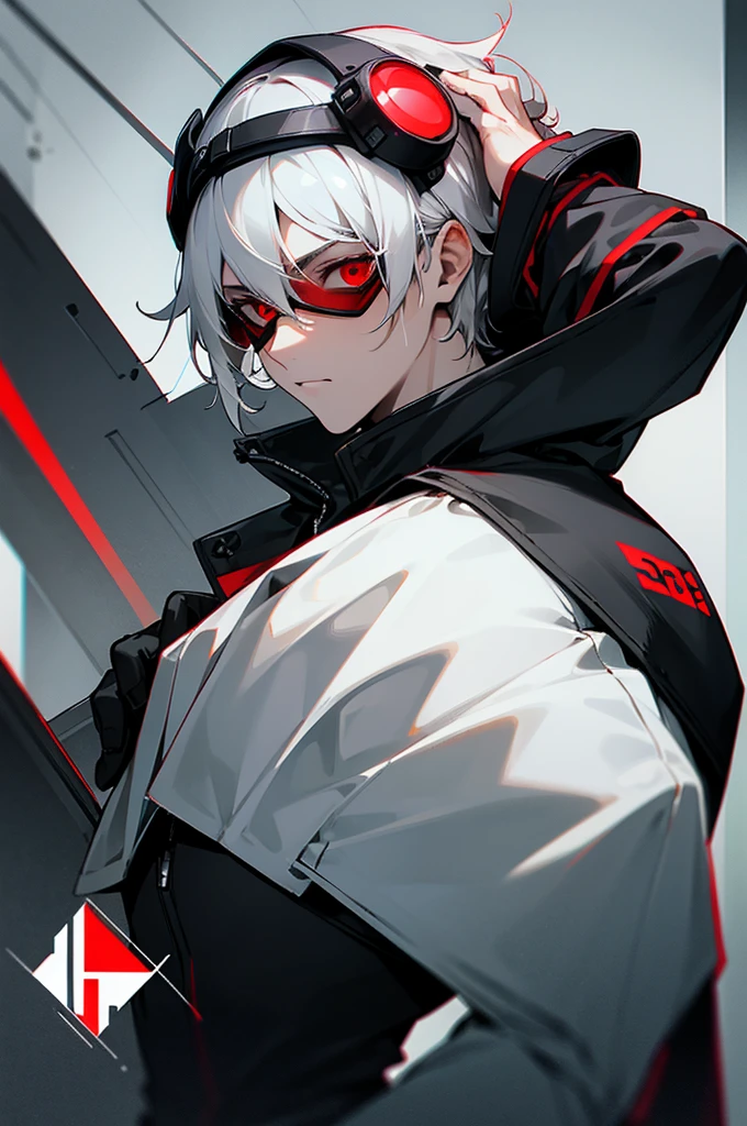 male, young adult, White Hair, Red eyes, Black and gray jumpsuit, SOS Logo, Night vision goggles, Perfect quality.