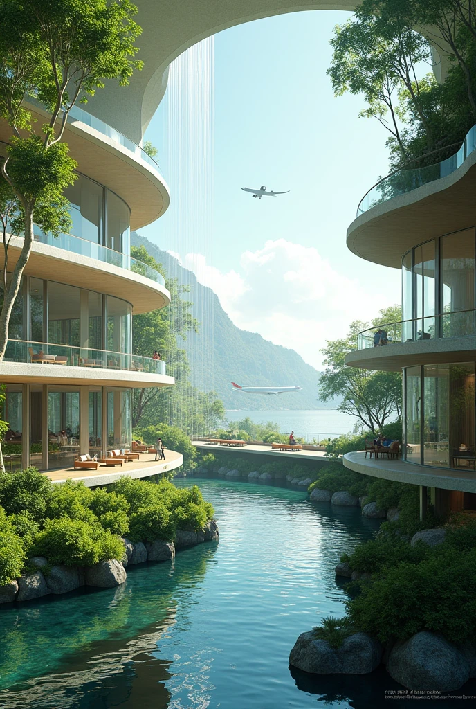 Create a future architecture airport with eco-friendly ambience having windows and balcony with fresh water and air ,and have flight waiting for take off