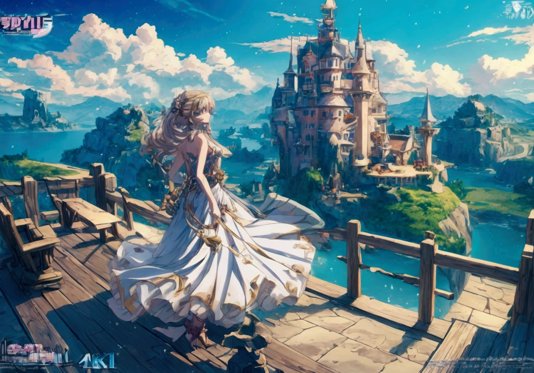 anime girl standing on a cliff looking at a fantasy city with a castle in the background, beautiful anime scene, female adventurer with her back turned looking at a bridge leading to a fantasy city, anime background art, beautiful fantasy anime, anime fantasy artwork, beautiful anime scene ry, beautiful peaceful scene in anime, anime art wallpaper 4k, anime art wallpaper 4k, anime fantasy illustration, anime background, 4k anime wallpaper