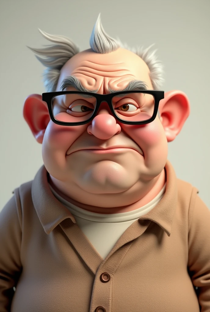 Make 3d cartoon An old man a little fatty in a plain shirt and brown sweater use eye glasses with a very upsetting face and an angry face