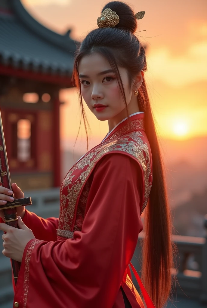 best quality, 8k, very delicate and beautiful, highly detailed face and skin texture, shiny skin, high resolution, beautiful chinese female swordsman wearing chinese traditional costume with sword at chinese temple at sunset, full body, sharp focus