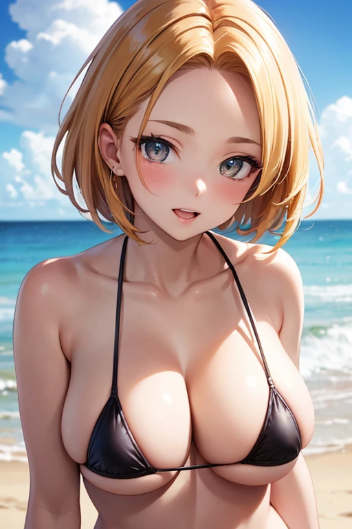 One Woman, Highest quality, masterpiece, Super Resolution, super high quality, Large Breasts, Idol, Beauty, ((From the front 1.2)), Cleavage, 8k, High resolution eyes, High-resolution contours, ((Forehead visible 1.3)), Stylish, High-resolution pupils, blush, High resolution face, High resolution breasts, Ultra HD, Open your mouth, Upper Body, High resolution mouth, Sexy body, ((Super cool face 1.5)), ((Hanging 1.6)), Broken bangs, Yellow Eyes, model, Mature Woman, Adult women, Beautiful clavicle, High resolution hair, Mother, maternal, Underboob, Sideboob, Married Woman, couple, super beautiful, Charm, Alluring, Open your mouth, Blonde, short hair, Micro Bikini, Beach, Textured skin, Textured Breasts,