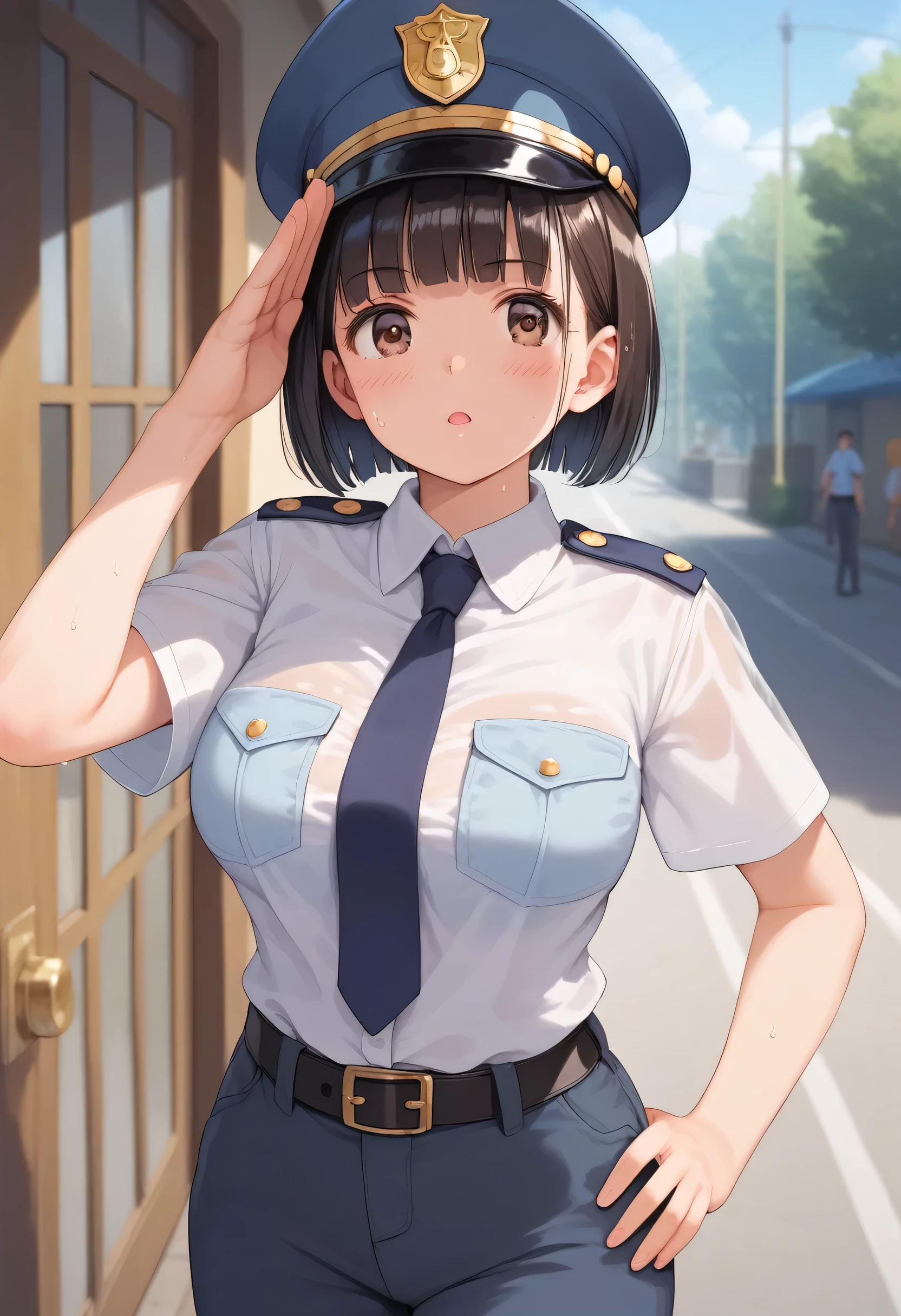 score_9,score_8_up,score_7_up,masterpiece,best quality, source anime, realistic, super detailed, extreme detailed, rating_safe, 
1girl, standing, salute, cowboy shot, 
BREAK 22yo, short hair, bob cut, (blunt bangs), black hair, (tareme, detailed cute brown eyes), curled eyelashes, (large breasts:0.9), 
shiny hair, beautiful detailed eyes, beautiful face,
policewoman, white shirt, navy necktie, navy pants, police cap, (sweat:1.2), (see through:1.2),
blush, serious, open mouth,
outdoors, entrance, opend door, summer,