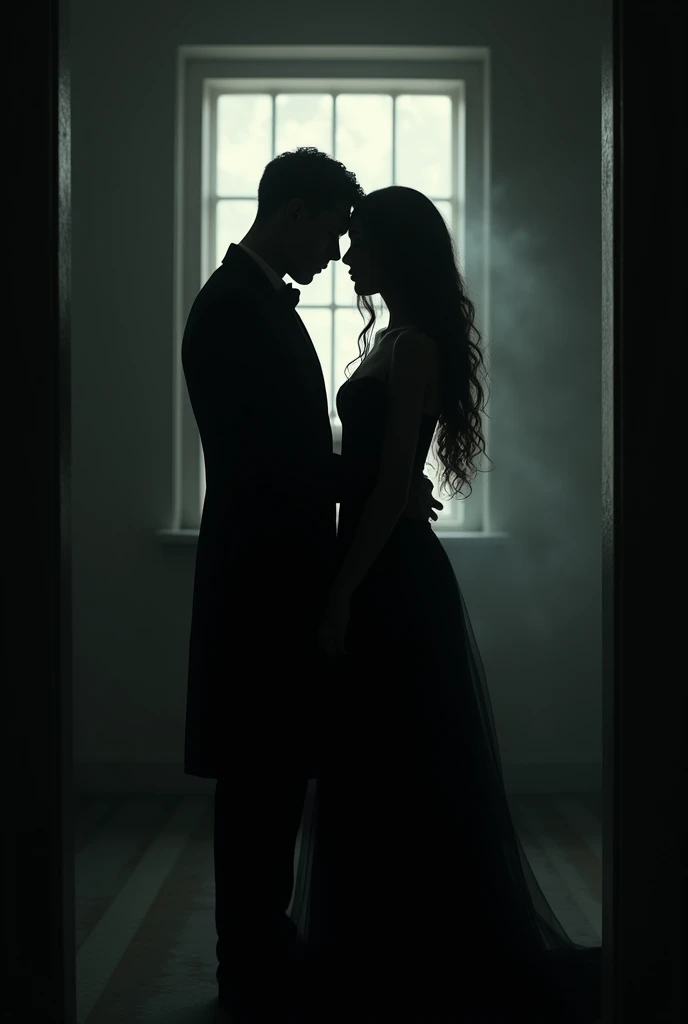 Shadow of silhouettes of man with long haired woman in long black dress , you can't see their faces, in a dark room , both dressed in black