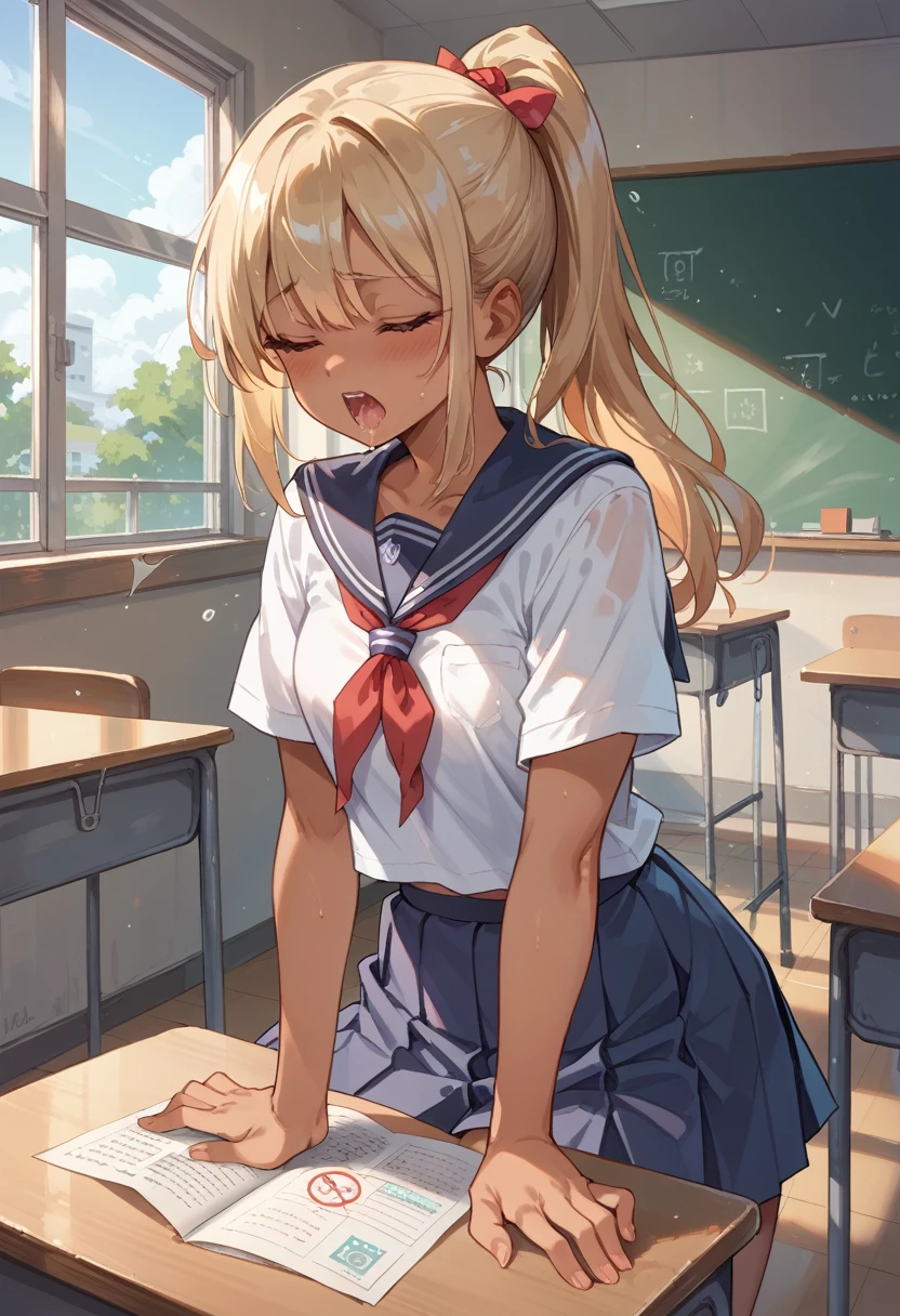 masterpiece, best quality, ultra detailed,1 girl, ************,high school girl,((nsfw)), orgasm,high school uniform, tan skin, ponytail,classroom