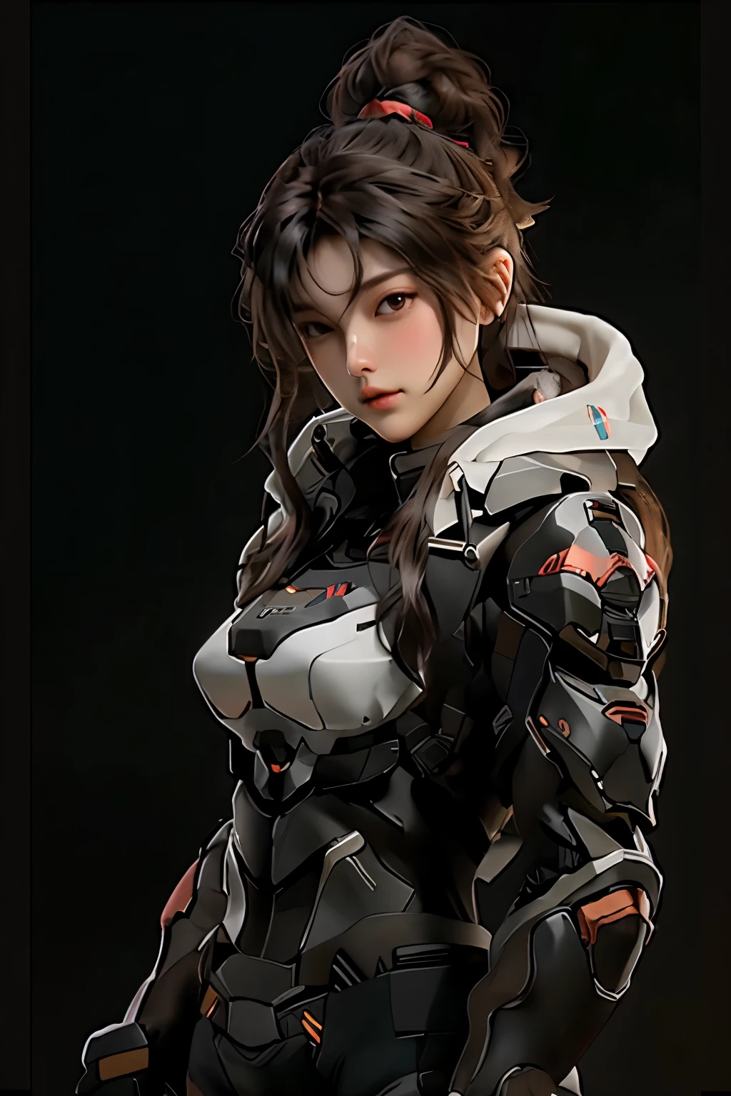 ((best quality)), ((Masterpiece)), (details:1.4), 3d, HDR (high dynamic range), an image of a beautiful cyberpunk female, Hight ponytails, red hair, White eyes, จมูกโด่ง, ปากแดง, nvidia RTX, PBR surface, After processing, Anisotropic filtration,depth of field, Maximum clarity and clarity, multi-layered surface, Subsurface scattering, perfect proportions, 8K raw files, ความละเอียดสุดยอด, Unreal 5, Perfect proportions, Octane Render, Two-tone lighting, Wide aperture, Low ISO, รายละเอียดดวงตา, crusader, Heavy Black armor, Fierce, Black helmet