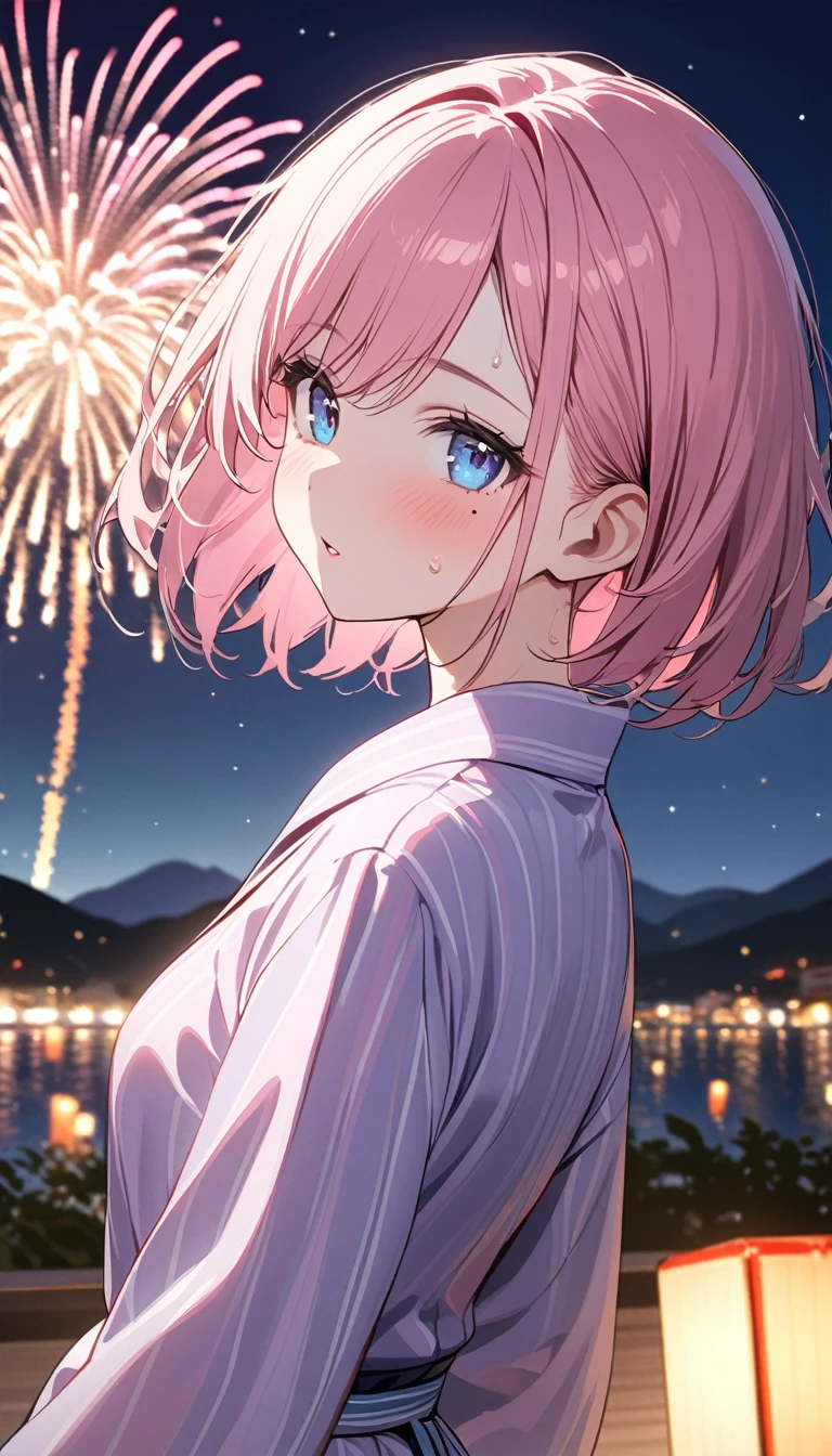 (1 girl),(Best Picture Quality, 8K, Masterpiece:1.3), (high school student:1.5), ((pink lob hair:1.1)), (bob cut),(swept bangs), (cute eyes, pupil black, iris skyblue, youthful face), (mole under right eye), (standard weight), (small breasts), (glistening skin:1.1 3),(pale skin:1.2),(sweaty skin:1.2),((pink yukata)),(looking up at the sky),(back shot), (strong wind), night, summer festival, fireworks, pulled composition,(magnificent view:1.3).