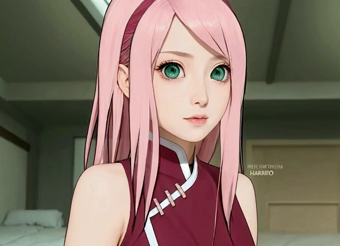 Beautiful girl with pink hair and green eyes in a room, haruno sakura,
