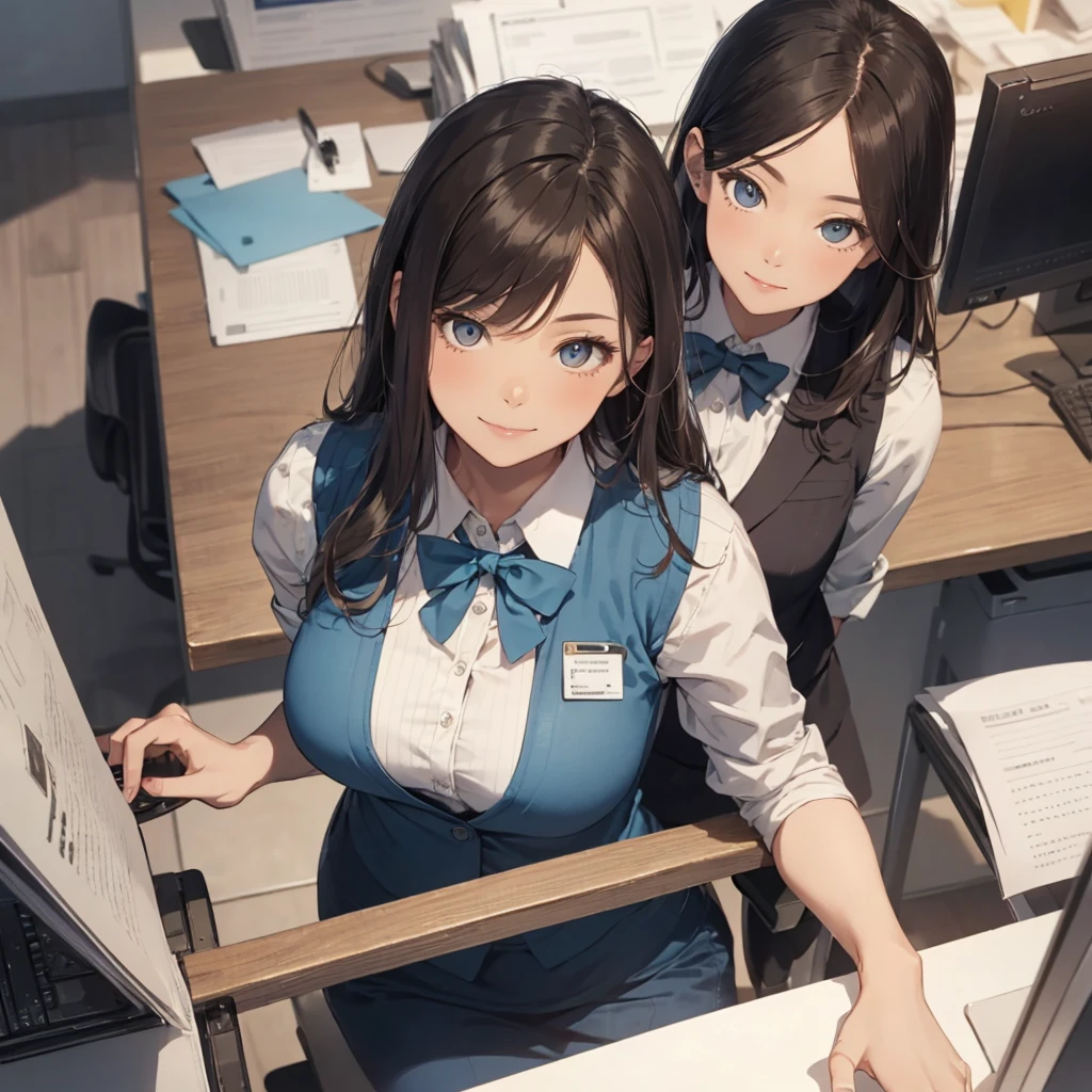 1lady solo, sitting, (from above), office worker, ((blue vest) over white dress shirt), mature female, /(dark brown hair/), kind smile, (masterpiece best quality:1.2) delicate illustration ultra-detailed, large breasts,bowtie BREAK (modern office) indoors, (reception desk), entrance, detailed background