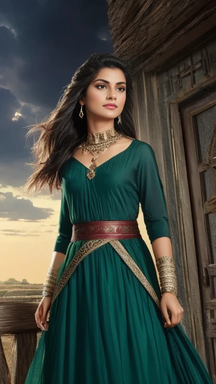 Visualize Razia Sultana, a determined and fierce woman, standing at the gates of a grand fortress. A stormy sky above her mirrors the turmoil in her life as she faces challenges and obstacles on her path to rule the Islamic empire in India. Lightning flashes, emphasizing the turbulent nature of her ascent.