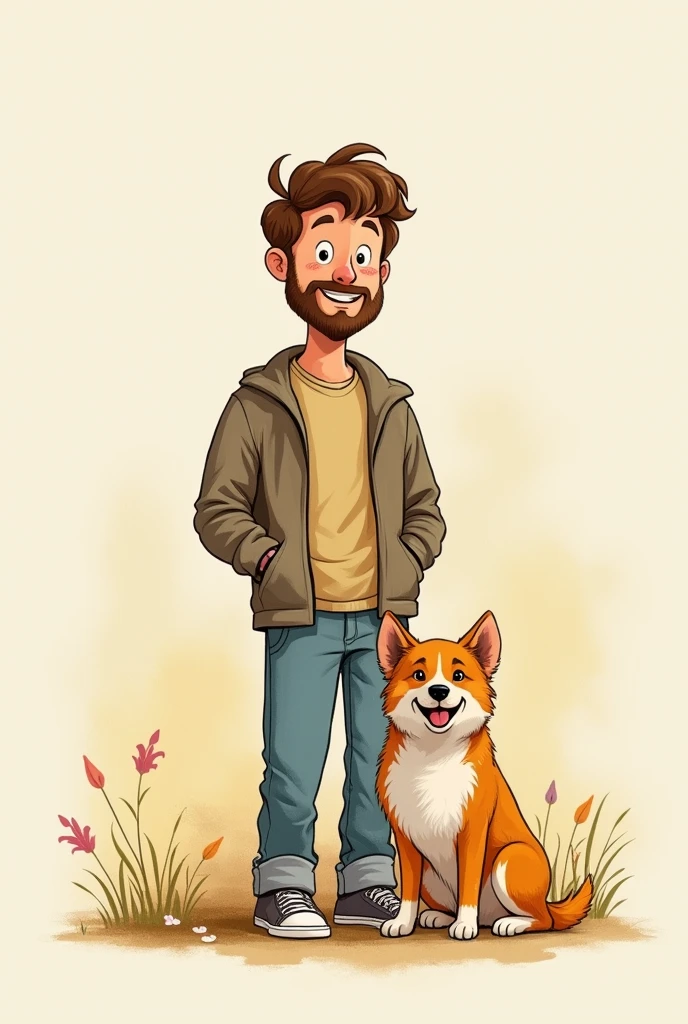 A calm and happy man standing, next to a sitting dog that is happy, with a cheerful background, that it is seen from afar and that it is a drawing, with a more formal drawing style and a more worked background