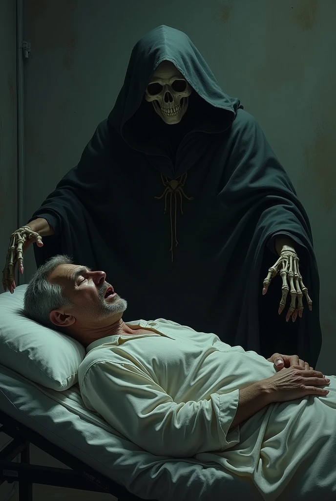 the grim reaper's shadow standing over a screaming woman in a hospital bed, nightmare 