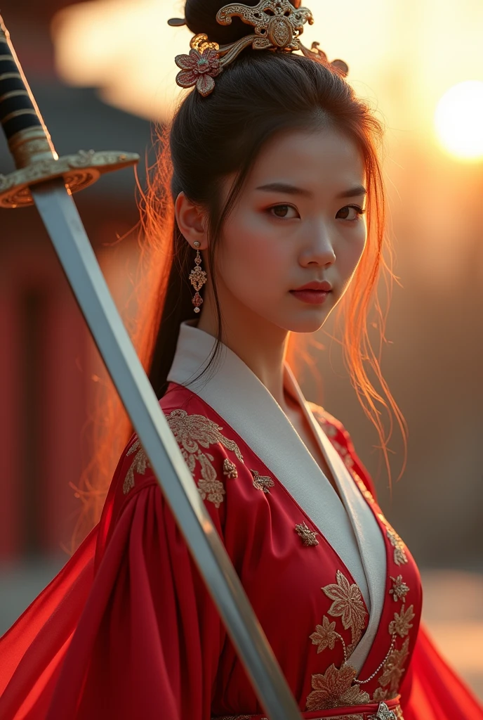 best quality, 8k, very delicate and beautiful, highly detailed face and skin texture, shiny skin, high resolution, beautiful chinese female swordsman wearing chinese traditional costume with sword at chinese temple at sunset, full body, sharp focus