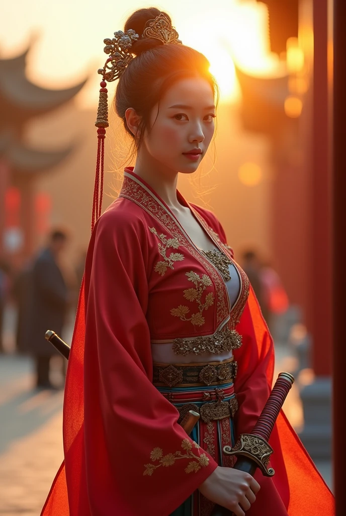 best quality, 8k, very delicate and beautiful, highly detailed face and skin texture, shiny skin, high resolution, beautiful chinese female swordsman wearing chinese traditional costume with sword at chinese temple at sunset, full body, sharp focus