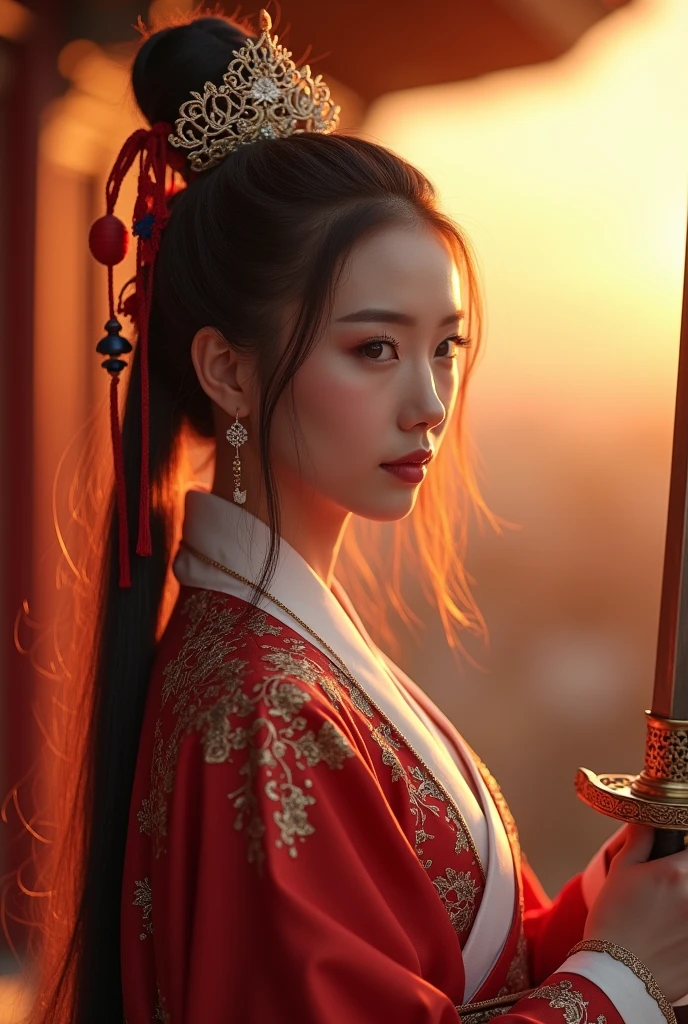 best quality, 8k, very delicate and beautiful, highly detailed face and skin texture, shiny skin, high resolution, beautiful chinese female swordsman wearing chinese traditional costume with sword at chinese temple at sunset, full body, sharp focus